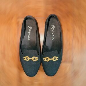 VIVAIA Black Loafers with Gold Chain Detail